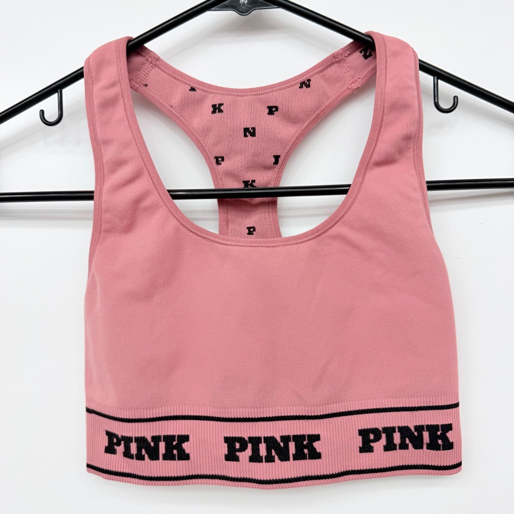 PINK Victoria's Secret Sports Bra Ribbed Logo‎ Racerback Womens XS Pink